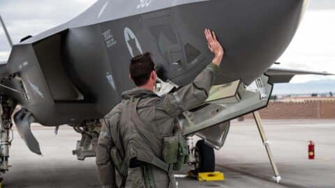 An Israeli Air Force pilot prepares an F-35I Adir for takeoff prior to a Red Flag-Nellis 23-2 mission at Nellis Air Force Base, Nevada, March 15, 2023. (Photo by Airman 1st Class Trevor Bell/Wikimedia Commons)
