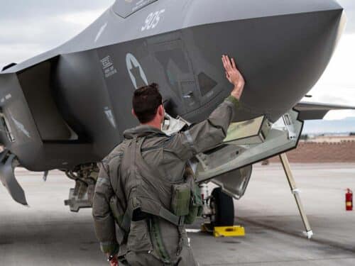 An Israeli Air Force pilot prepares an F-35I Adir for takeoff prior to a Red Flag-Nellis 23-2 mission at Nellis Air Force Base, Nevada, March 15, 2023. (Photo by Airman 1st Class Trevor Bell/Wikimedia Commons)