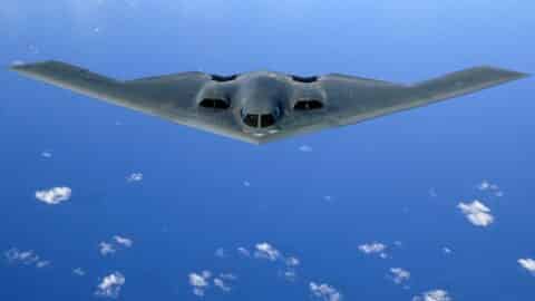 A Northrop Grumman B-2 Spirit soars after a refueling mission over the Pacific Ocean on Tuesday, May 30, 2006.