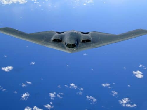 A Northrop Grumman B-2 Spirit soars after a refueling mission over the Pacific Ocean on Tuesday, May 30, 2006.