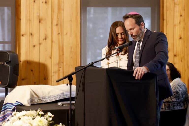 Meredith Marks and her husband, Seth, speak at Meredith's bat mitzvah in Park City, in an episode of "The Real Housewives of Salt Lake City." (Fred Hayes | Bravo)