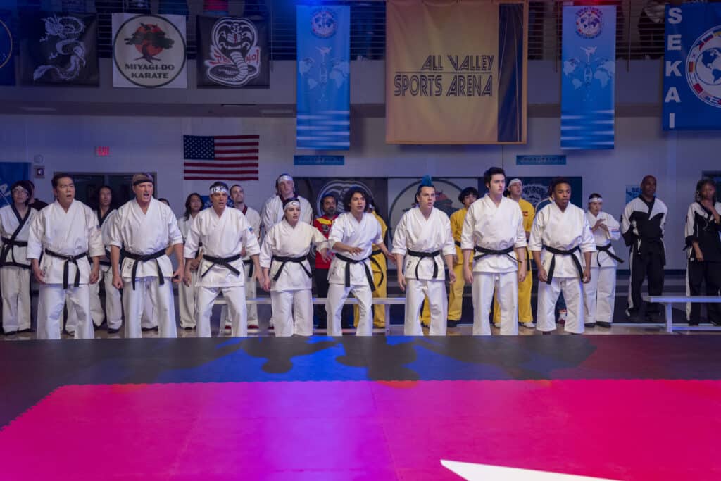 Cobra Kai. (L to R) Yuji Okumoto as Chozen, William Zabka as Johnny Lawrence, Ralph Macchio as Daniel LaRusso, Mary Mouser as Samantha LaRusso, Xolo Maridueña as Miguel Diaz, Jacob Bertrand as Eli 'Hawk' Moskowitz, Gianni DeCenzo as Demetri, Dallas Dupree Young as Kenny in "Cobra Kai." (Curtis Bonds Baker/Netflix)