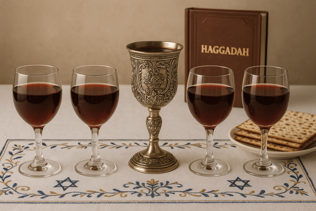 Four ceremonial glasses of wine and Elijah's cup.