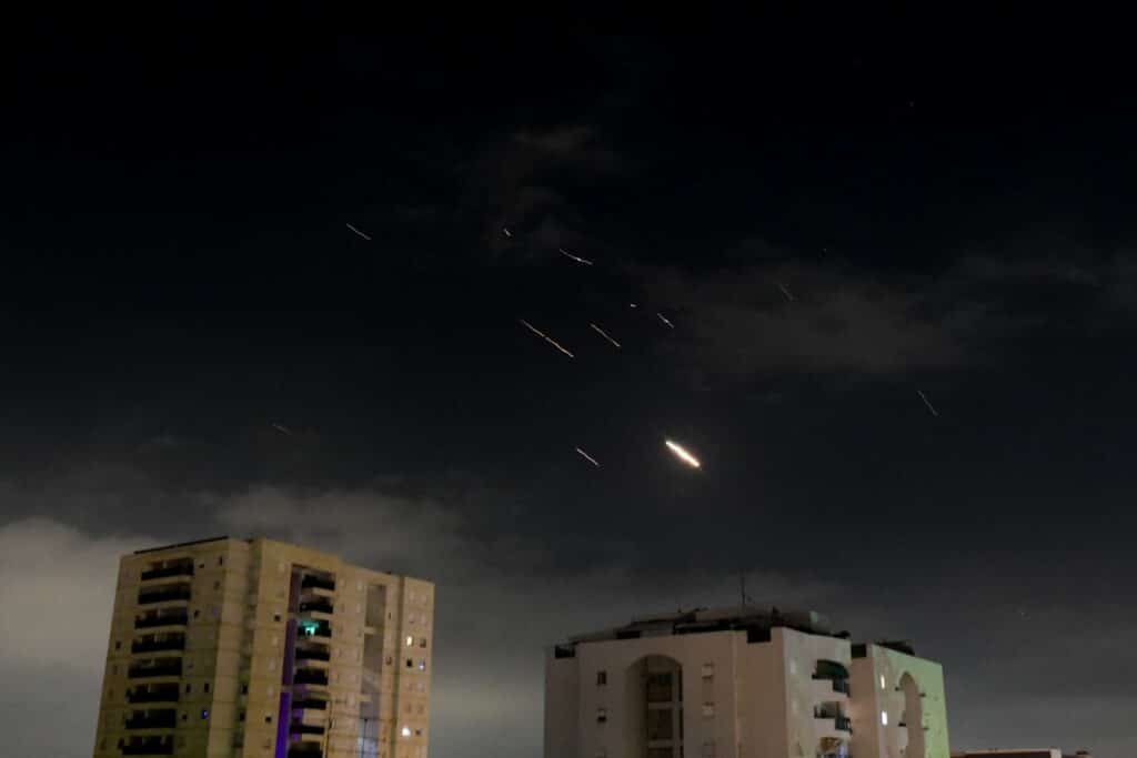 Anti-missile system fires interception missiles as drones and missiles fired from Iran, as it seen over Tel Aviv, on April 14, 2024. Photo by Tomer Neuberg/Flash90