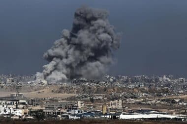 Smoke and dust rising over Gaza following Israeli strikes in the northern Gaza Strip are seen from the Gaza-Israel border region on May 31, 2025.