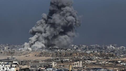 Smoke and dust rising over Gaza following Israeli strikes in the northern Gaza Strip are seen from the Gaza-Israel border region on May 31, 2025.