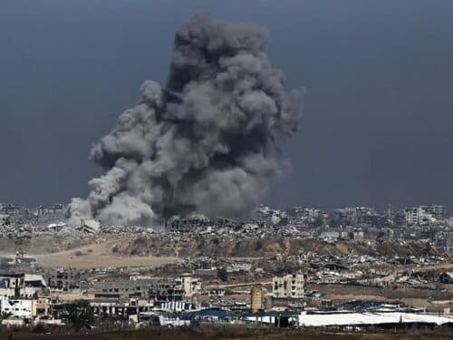 Smoke and dust rising over Gaza following Israeli strikes in the northern Gaza Strip are seen from the Gaza-Israel border region on May 31, 2025.