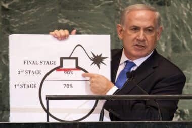 Benjamin Netanyahu, Prime Minister of Israel, uses a diagram of a bomb to describe Iran's nuclear program while delivering his address to the 67th United Nations General Assembly meeting September 27, 2012 at the United Nations in New York