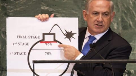 Benjamin Netanyahu, Prime Minister of Israel, uses a diagram of a bomb to describe Iran's nuclear program while delivering his address to the 67th United Nations General Assembly meeting September 27, 2012 at the United Nations in New York