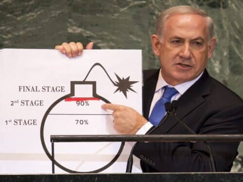 Benjamin Netanyahu, Prime Minister of Israel, uses a diagram of a bomb to describe Iran's nuclear program while delivering his address to the 67th United Nations General Assembly meeting September 27, 2012 at the United Nations in New York