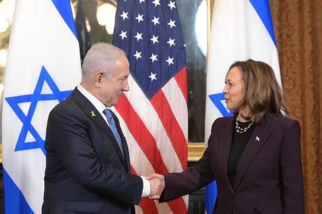 Israeli Prime Minister Benjamin Netanyahu (L) meets US Vice President Kamala Harris at White House in Washington D.C., United States on July 25, 2024.