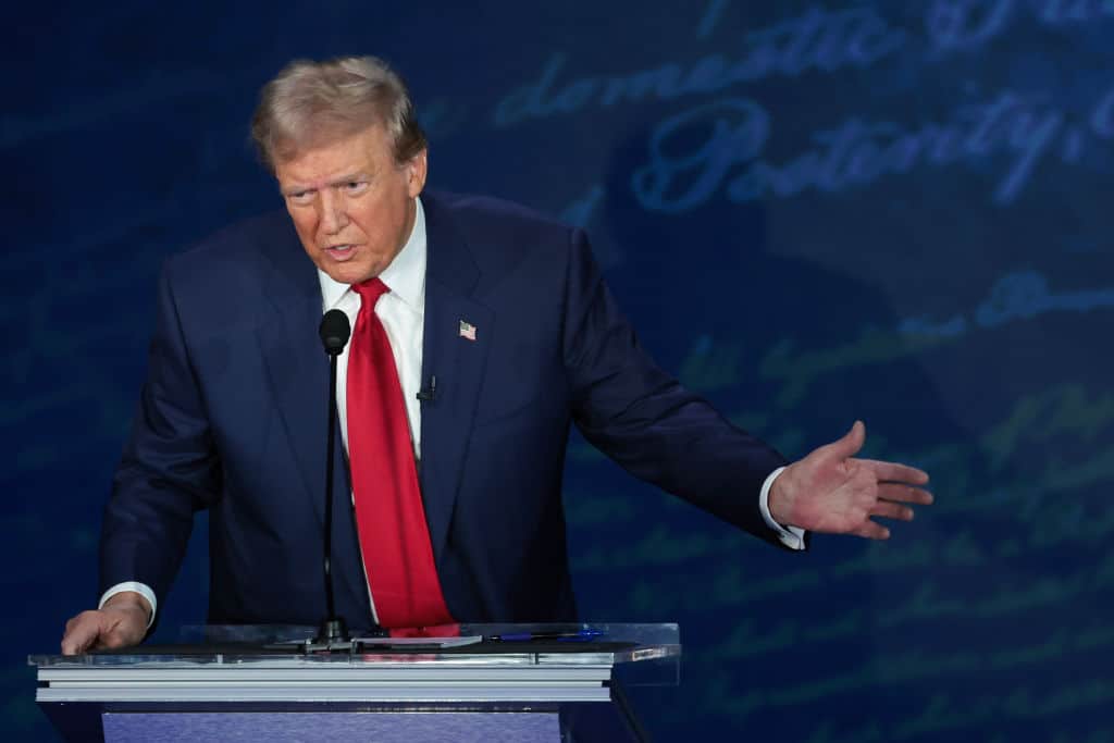 PHILADELPHIA, PENNSYLVANIA - SEPTEMBER 10: Republican presidential nominee, former U.S. President Donald Trump, debates Democratic presidential nominee, U.S. Vice President Kamala Harris, for the first time during the presidential election campaign at The National Constitution Center on September 10, 2024 in Philadelphia, Pennsylvania. After earning the Democratic Party nomination following President Joe Biden’s decision to leave the race, Harris faced off with Trump in what may be the only debate of the 2024 race for the White House. (Photo by Win McNamee/Getty Images)