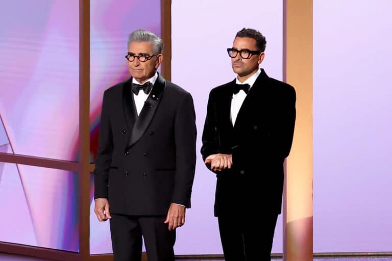 Hosts Eugene Levy and Dan Levy speak onstage during the 76th Primetime Emmy Awards at Peacock Theater on September 15, 2024 in Los Angeles, California. (Photo by Leon Bennett/WireImage)