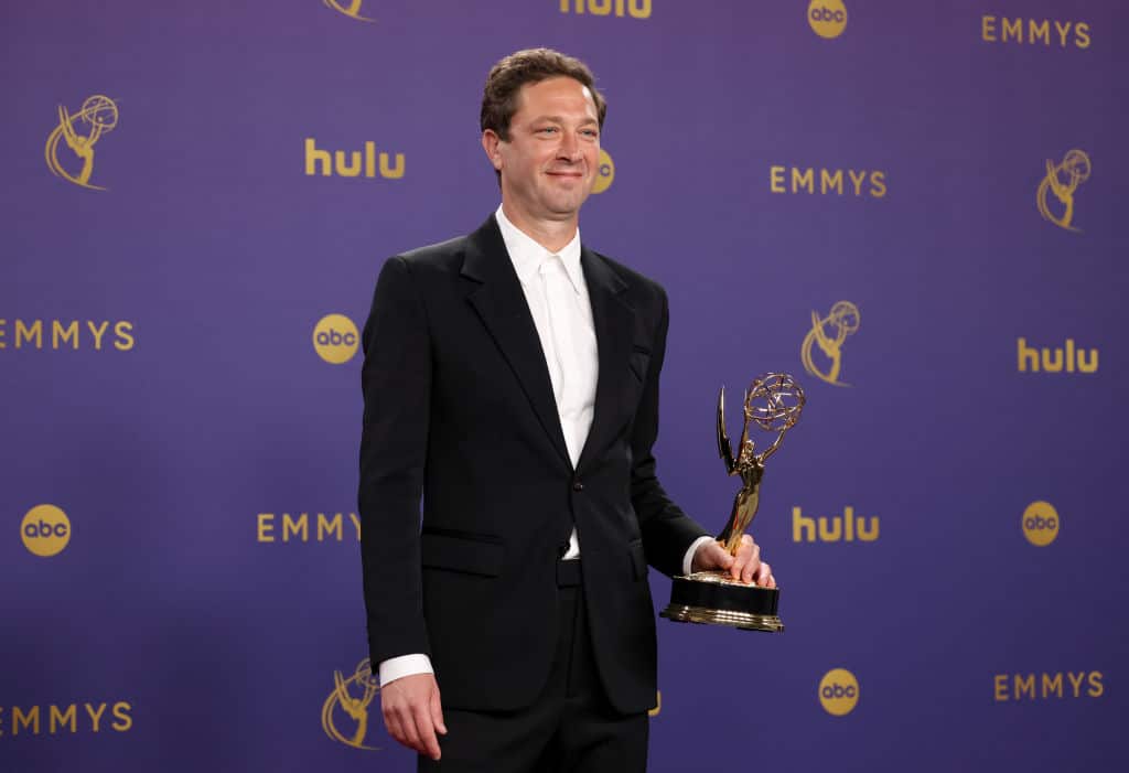 Ebon Moss-Bachrach, winner of the Outstanding Supporting Actor in a Comedy Series for “The Bear”, poses in the press room during the 76th Primetime Emmy Awards at Peacock Theater on September 15, 2024 in Los Angeles, California.  (Photo by Kevin Mazur/Getty Images)