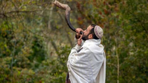 An Ultra-Orthodox Jewish pilgrim blows a shofar on the street near the tomb of Rabbi Nachman while celebrating Rosh Hashanah, the Jewish New Year, amid the ongoing war in Ukraine. This takes place in Uman, Ukraine, on October 3, 2024. (Photo by Maxym Marusenko/NurPhoto via Getty Images)
