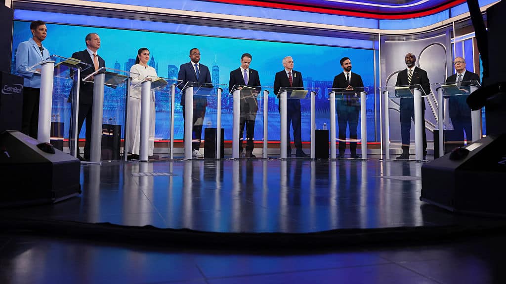 NEW YORK, NEW YORK - JUNE 4:  From left, Democratic mayoral candidates Adrienne Adams, Brad Lander, Jessica Ramos, Zellnor Myrie, Andrew Cuomo, Whitney Tilson, Zohran Mamdani, Michael Blake and Scott Stringer participate in the New York City Democratic Mayoral Primary Debate at NBC Studios on June 4, 2025 in New York City. Nine candidates are taking the stage for the first debate of the primary election for mayor.  (Photo by Yuki Iwamura-Pool/Getty Images)