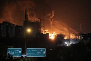 A fire blazes in the oil depots of Shahran, northwest of Tehran, on June 15, 2025.