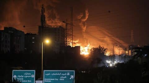 A fire blazes in the oil depots of Shahran, northwest of Tehran, on June 15, 2025.