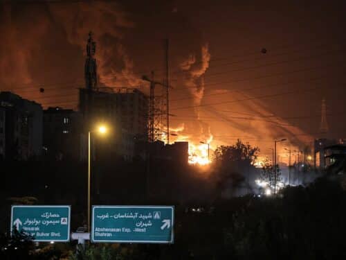 A fire blazes in the oil depots of Shahran, northwest of Tehran, on June 15, 2025.