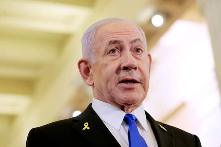 WASHINGTON, DC - JULY 08: Israeli Prime Minister Benjamin Netanyahu speaks to reporters after meeting with U.S. Speaker Mike Johnson (R-LA) at the U.S. Capitol on July 8, 2025, in Washington, D.C. Netanyahu is visiting Washington to meet with lawmakers amid discussions with the White House over a potential ceasefire between Israel and Hamas. (Photo by Anna Moneymaker/Getty Images)