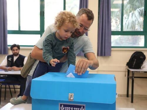 Israeli voters cast their ballots at Herzliya Hebrew Gymnasium during general election in Tel Aviv, Israel, on October 27, 2026. (Photo by Gideon Markowicz/Anadolu via Getty Images)