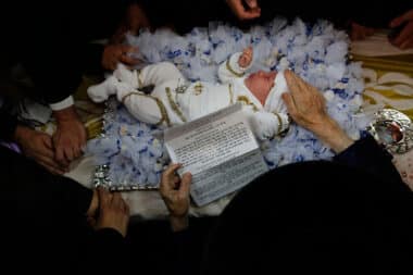 REHOVOT, Sept. 7, 2016 -- An ultra orthodox Jewish Rabbi of the Kretchnief Hasidic sect blesses a thirty-day-old infant during the "Pidyon Haben" ceremony at a synagogue in Rehovot, 30 km south of Tel Aviv, Isreal, Sept. 6, 2016. The Pidyon Haben, or redemption of the first-born son, is a mitzvah in Judaism whereby a Jewish firstborn son is redeemed by use of silver coins from his birth-state of sanctity. (Xinhua/Gil Cohen Magen via Getty Images)