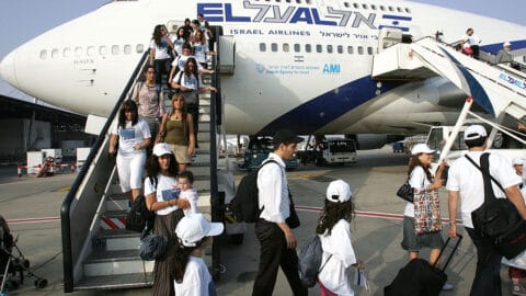 BEN GURION AIRPORT, ISRAEL: New Jewish immigrants making Aliyah (Immigration to Israel) from France walk down the airplane upon their arrival at the Ben Gurion International airport in Lod, about 15 kms east of Tel Aviv, 25 July 2007. At least 600 new French Jewish immigrants were expected to arrive to Israel assisted by the Jewish Agency for Israel, a record number of olim (immigrants) from France this year since 1972. AFP PHOTO/JACK GUEZ (Photo credit should read JACK GUEZ/AFP via Getty Images)