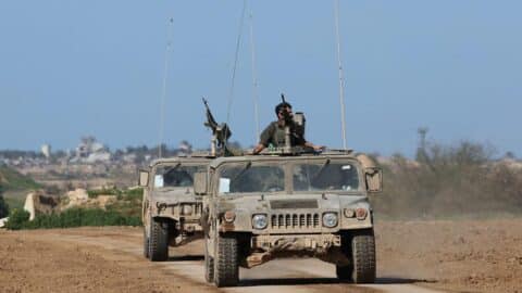 Israeli military vehicles along the border with the Gaza Strip on February 15, 2024, amid the ongoing war with Hamas. (Photo by Jack Guez/AFP via Getty Images)