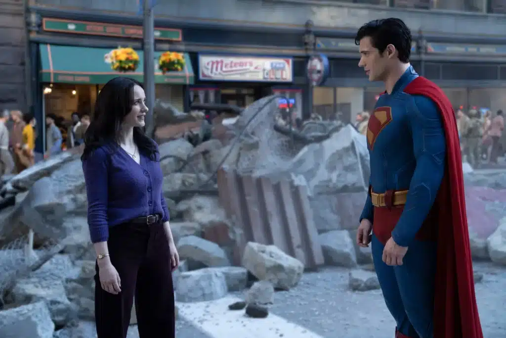 Rachel Brosnahan and David Corenswet in “Superman.”
