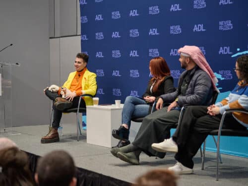 Zach Sage Fox, Aliza Licht, Loay Alshareef and Melinda Strauss discuss posting pro-Israel content to TikTok. (Photo by Perry Bindelglass)