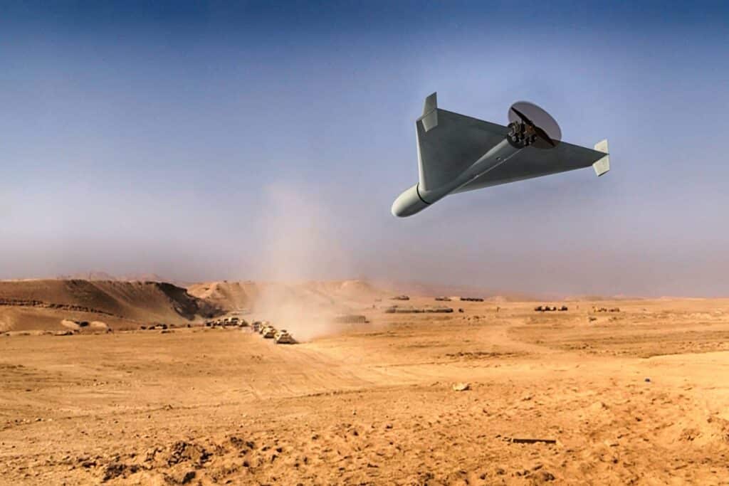 An illustration of an Iranian military drone attacking a convoy of military equipment in the desert. Photo by Anelo via Shutterstock.com
