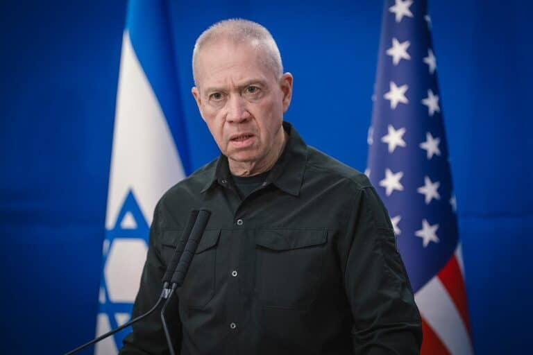 Israeli Defense Minister Yoav Gallant at a press conference in Tel Aviv, Israel on December 18, 2023.
