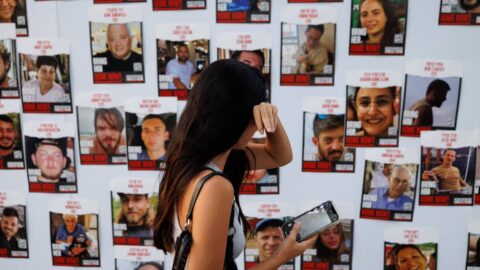 A display of hostage photos outside the Tel Aviv Museum of Art, October 2023. Photo by Ziv Koren/Polaris Images