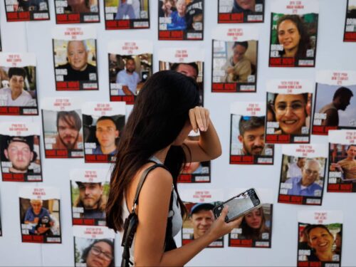 A display of hostage photos outside the Tel Aviv Museum of Art, October 2023. Photo by Ziv Koren/Polaris Images