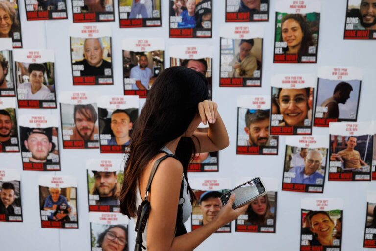 A display of hostage photos outside the Tel Aviv Museum of Art, October 2023. Photo by Ziv Koren/Polaris Images