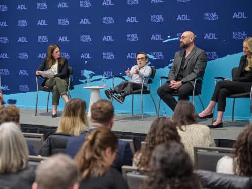 Lindsay Pinchuk, Brandon Farbstein, Benji Rosenzweig and Alyssa Rosenheck discusses how to deal with antisemitism online, as well as at times in real life. (Perry Bindelglass)