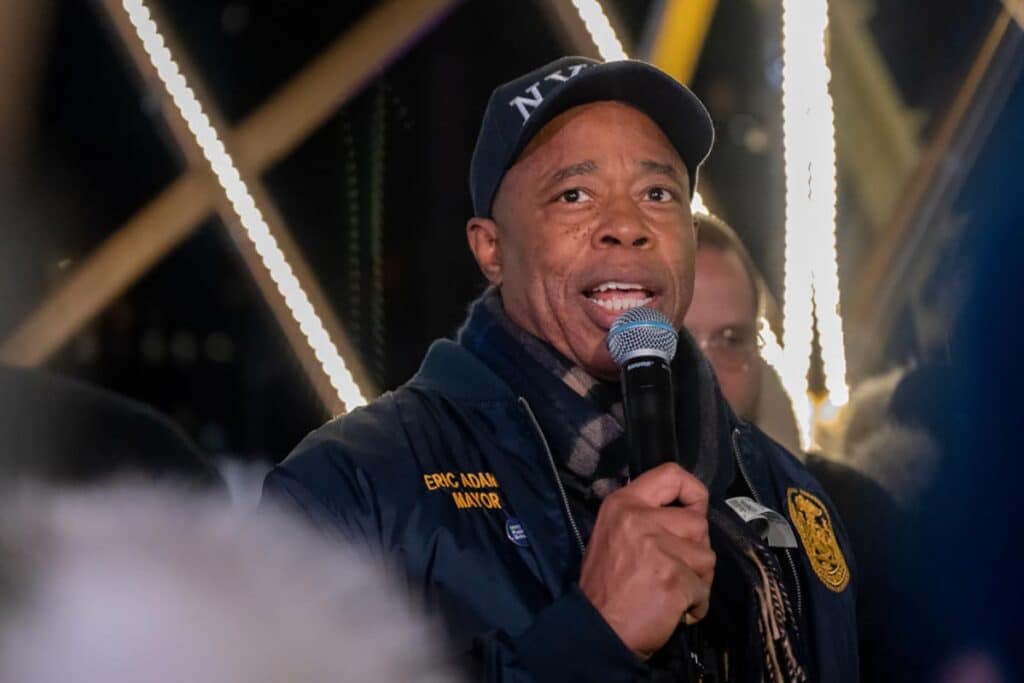 New York City Mayor Eric Adams speaks before the world's largest Hanukkah Menorah is lit on the first night of Hanukkah at Grand Army Plaza on December 18, 2022 in New York City. (Photo by Alexi Rosenfeld/Getty Images)