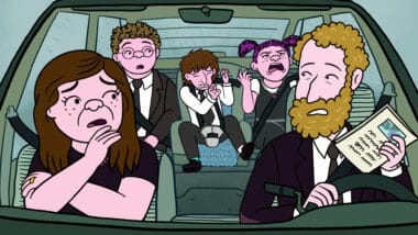 "Long Story Short" (L to R) Lisa Edelstein as Naomi Schwartz, Ben Feldman as Avi Schwooper, Max Greenfield as Yoshi Schwooper, Abbi Jacobson as Shira Schwooper and Paul Reiser as Elliot Cooper (Netflix)