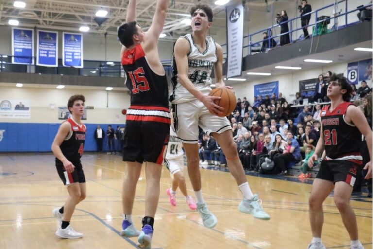 Joe Aaron of DRS, here against Frisch, is a potent scorer who was a fan favorite to watch and Yeshiva League MVP.