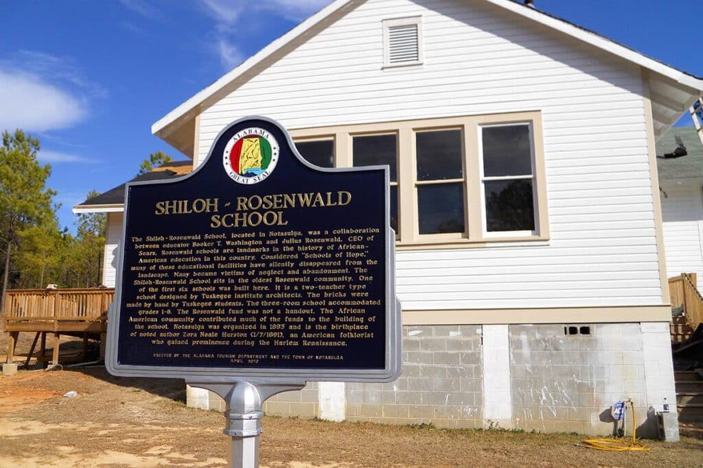 A photograph of the Rosenwald school in Notasulga, Alabama. It is located at the Shiloh Missionary Baptist Church and Rosenwald School site which is listed on the National Register of Historic Places.