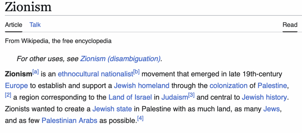 Zionism page on Wikipedia