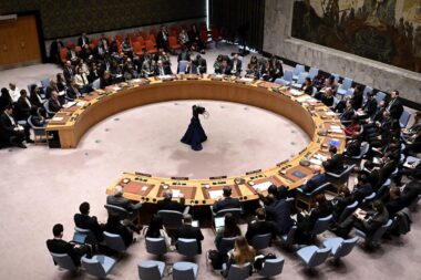 Ambassadors attend the United Nations Security Council meeting where U.S. vetoed a U.N. Security Council resolution demanding an immediate humanitarian ceasefire in Gaza at UN Headquarters in New York City, on February 20, 2024. (Photo by Fatih Aktas/Anadolu via Getty Images)
