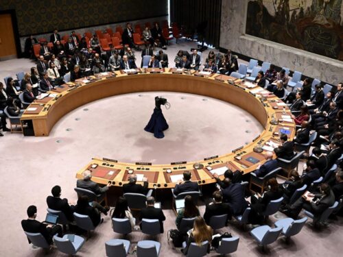 Ambassadors attend the United Nations Security Council meeting where U.S. vetoed a U.N. Security Council resolution demanding an immediate humanitarian ceasefire in Gaza at UN Headquarters in New York City, on February 20, 2024. (Photo by Fatih Aktas/Anadolu via Getty Images)