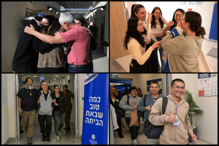 [From top-left clockwise:] Arbel Yehoud, Agam Berger, Gadi Mozes, and five Thai citizens arrive in Israel after being released by Hamas and the Palestinian Islamic Jihad as part of the Israel-Hamas ceasefire. January 30, 2025.