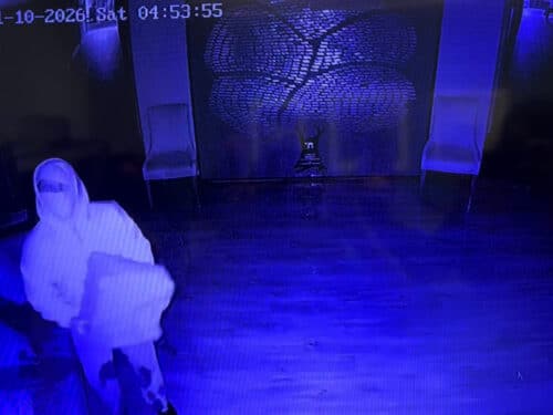 A security camera inside Beth Israel Congregation synagogue in Jackson caught a person splashing allegedly gasoline before a fire ignited, Jan. 10, 2026. (Beth Israel Congregation)