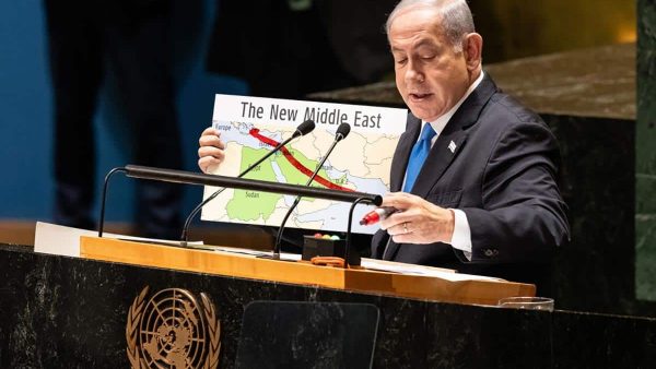 Israeli Prime Minister Benjamin Netanyahu speaks at the 78th Session of the General Assembly of the UN. (Photo by Lev Radin/Pacific Press/LightRocket via Getty Images)