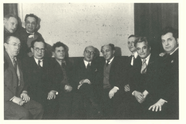 B. Z. Goldberg with members of the Jewish Anti-Fascist Committee, Moscow, 1946. Standing on the left: Leyb Kvitko and David Bergelson. Sitting, left to right: Itsik Fefer, Joseph Yuzefovich, Peretz Markish, Goldberg, Solomon Mikhoels, Leyb Strongin, Aron Kushnirov, Shmuel Halkin. (Central Archive of the Federal Security Service, Moscow.)