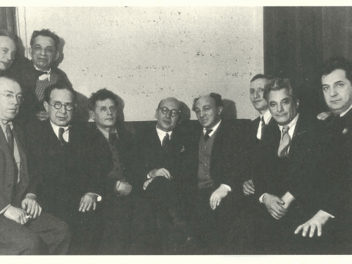 B. Z. Goldberg with members of the Jewish Anti-Fascist Committee, Moscow, 1946. Standing on the left: Leyb Kvitko and David Bergelson. Sitting, left to right: Itsik Fefer, Joseph Yuzefovich, Peretz Markish, Goldberg, Solomon Mikhoels, Leyb Strongin, Aron Kushnirov, Shmuel Halkin. (Central Archive of the Federal Security Service, Moscow.)
