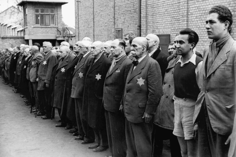 Jews wearing yellow stars at the Kistarcsa concentration camp in Hungary in 1944 (Wikimedia Commons)