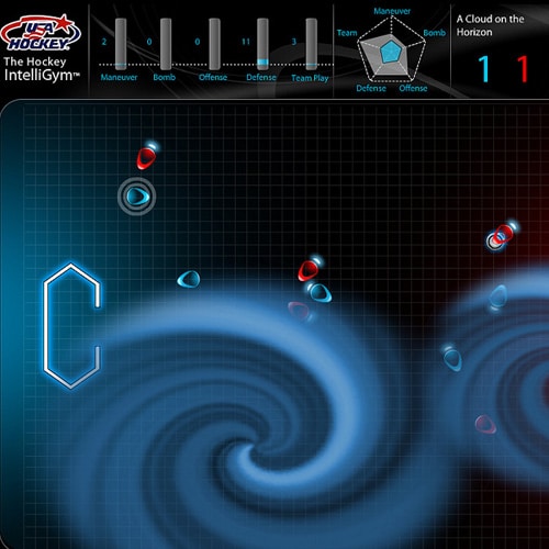 A digital game interface with swirling blue patterns, red and blue icons resembling players, and a scoring panel displaying 1 - 1. Various stats are shown above, with labels such as Maneuver, Bomb, and Team Play.